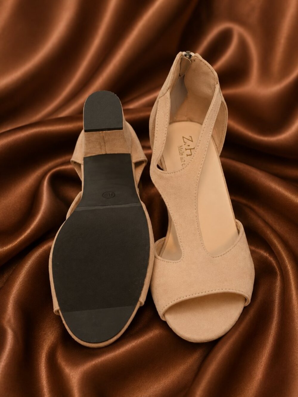Nude Suede T-Strap Block Heel Sandals - Picture 5 of 13